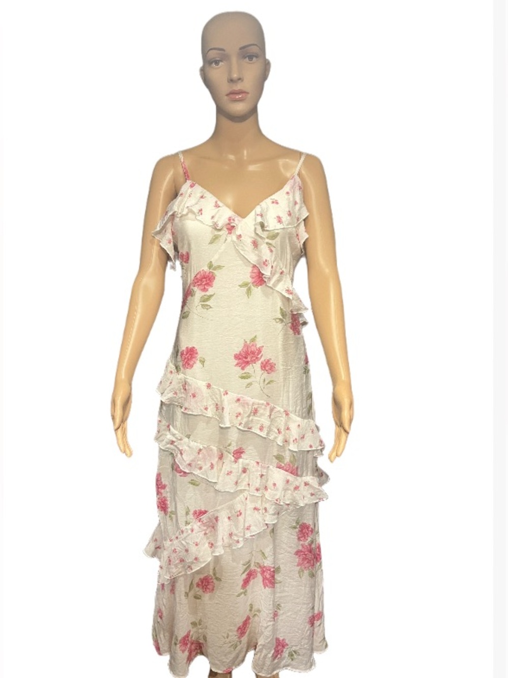 White Floral Ruffle Maxi Dress with Pink Roses